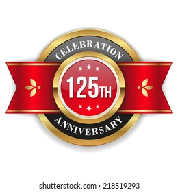 Gold 125th anniversary badge with red ribbon on white background