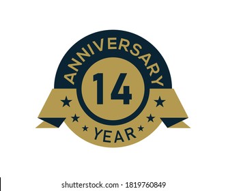 Gold 14 years anniversary badge with banner image, Anniversary logo with golden isolated on white background