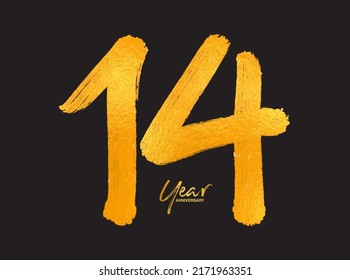 Gold 14 Years Anniversary Celebration Vector Template, 14 Years  logo design, 14th birthday, Gold Lettering Numbers brush drawing hand drawn sketch, number logo design vector illustration
