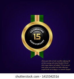 gold 15 years anniversary badge,label,sticker. gold emblem with ribon.