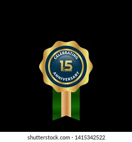gold 15 years anniversary badge,label,sticker. gold emblem with ribon.