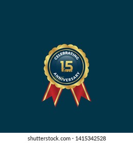 gold 15 years anniversary badge,label,sticker. gold emblem with ribon.