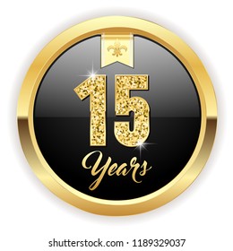 Gold 15 years, anniversary button with gold letters