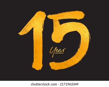 Plantilla vectorial de celebración de 15 años de oro, diseño del logotipo de 15 años, 15 años de edad, números de letras de oro pincel dibujo dibujo dibujo dibujo a mano, número logo diseño ilustración vectorial