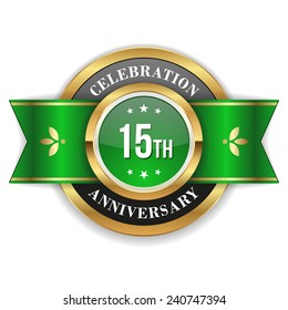 Gold 15th anniversary badge with green ribbon on white background