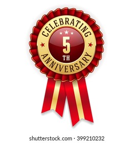 Gold 15th anniversary rosette, badge with red ribbon on white background