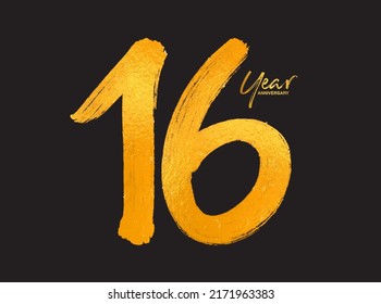 Gold 16 Years Anniversary Celebration Vector Template, 16 Years  logo design, 16th birthday, Gold Lettering Numbers brush drawing hand drawn sketch, number logo design vector illustration