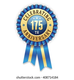 Gold 175th anniversary rosette, badge with blue ribbon on white background