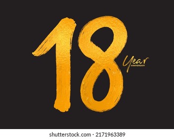 Gold 18 Years Anniversary Celebration Vector Template, 18 Years  logo design, 18th birthday, Gold Lettering Numbers brush drawing hand drawn sketch, number logo design vector illustration