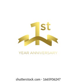 Gold 1st anniversary letter logo icon design with ribbon banner