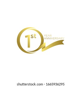 Gold 1st anniversary letter logo icon design with ribbon banner