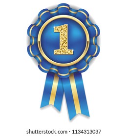 Gold 1st place rosette, badge with blue ribbon on white background