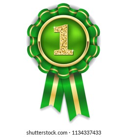 Gold 1st place rosette, badge with green ribbon on white background