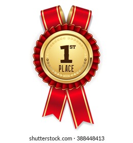 Gold 1st Place Rosette, Badge With Red Ribbon On White Background