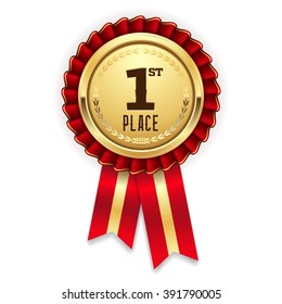 Gold 1st Place Rosette, Badge With Red Ribbon On White Background