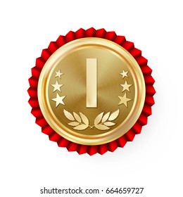 Gold 1st Place Rosette, Badge, Medal Vector. Realistic Achievement With Best First Placement. Round Championship Label With Red Rosette. Ceremony Winner Honor Prize. Sport Game Golden Challenge Award