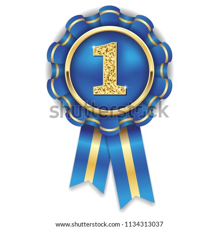 Gold 1st place rosette, badge with blue ribbon on white background