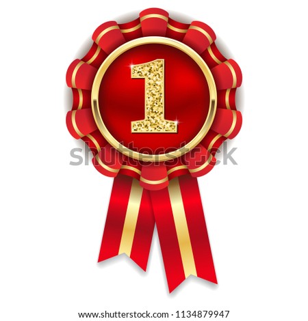 Gold 1st place rosette, badge with red ribbon on white background
