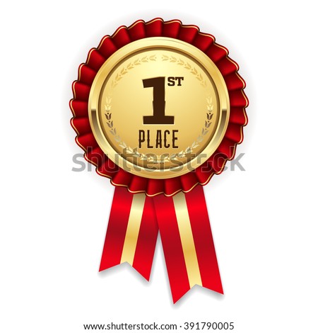 Gold 1st place rosette, badge with red ribbon on white background