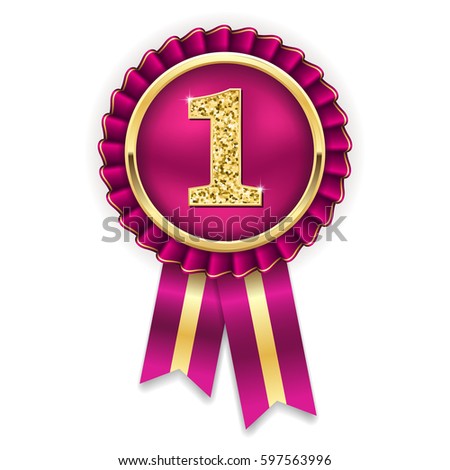 Gold 1st place rosette, badge with purple ribbon on white background