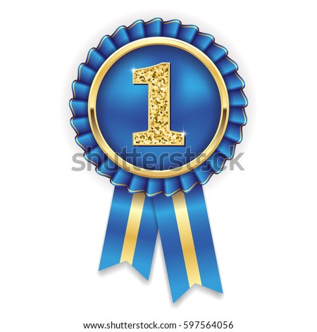 Gold 1st  place rosette, badge with blue ribbon on white background