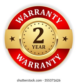 Gold 2 year warranty badge with red border on white background