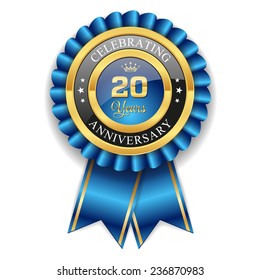 Gold 20 years anniversary badge with red ribbon on white background