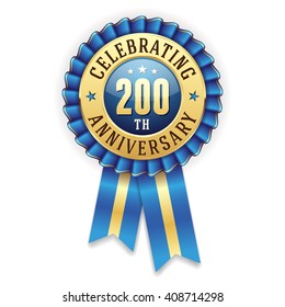 Gold 200th anniversary rosette, badge with blue ribbon on white background