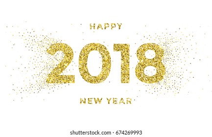 Gold 2018 Happy New Year vector background with particular snowflakes splatter and golden glitter numbers for xmas holiday greeting poster or calendar.
