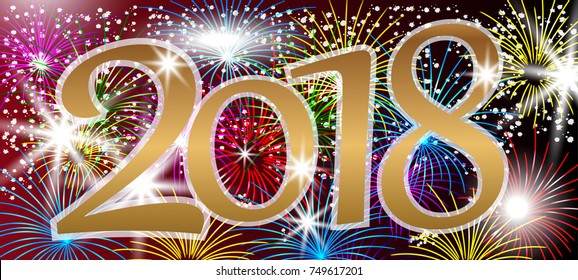 Gold 2018 numbers New Year design. Background with sparkling colorful fireworks, holiday greeting. Vector Illustration.