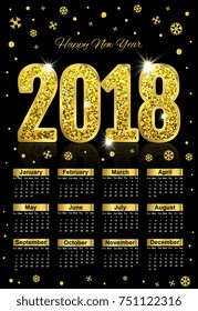 Gold 2018 Vector 3d Illustration and Calendar. Christmas and New Year Festive Design