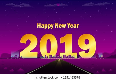 gold 2019 happy new paradise city neon lighting the sands land vector illustraion eps10