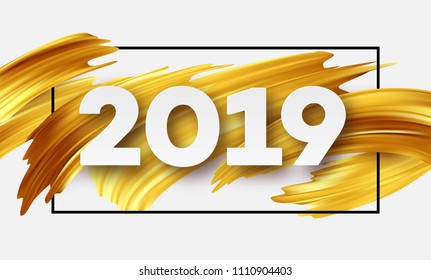 Gold 2019 Happy New Year greeting card. Vector illustration EPS10