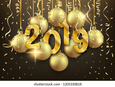 Gold 2019 Happy New Year postcard design with decorative balls, vector illustration