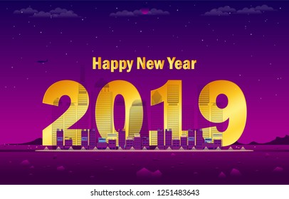 gold 2019 happy new year night mode small city neon lighting the sands land vector illustraion eps10