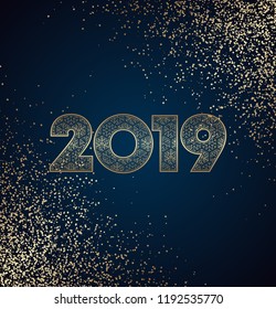 Gold 2019 new year design on dark background with gold confetti and snowflakes pattern