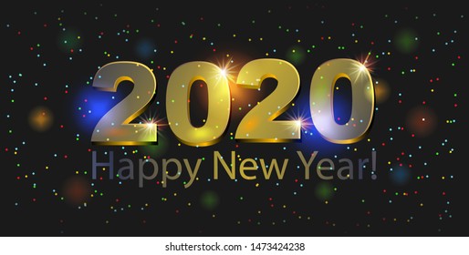Gold 2020 Happy New Year lettering surrounded by confetti and highlights on a blue background. New Year or Christmas banner, poster, card.