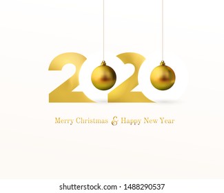 Gold 2020 Happy New Year and Merry Christmas greeting card. Festive xmas decoration golds Christmas balls hanging on the ribbon. Vector illustration. Isolated on white background.