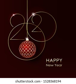 Gold 2020 happy New year on Burgundy background. Vector