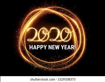 Gold 2020 Happy New Year party invitation background. Christmas golden shiny glittering decoration. Vector illustration.