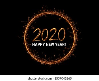 Gold 2020 Happy New Year winter holidays party invitation background. Isolated vector illustration. Christmas golden decoration backdrop. Hand drawn light painting lettering. Sparkler effect, motion.