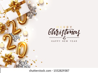 Oro 2020 Feliz Año Nuevo. Decorativo ornamento de Navidad, cajas de regalo realistas, copos de nieve 3d, bola de Navidad, exuberante pino. Deslumbrante confetti dorado, viejo reloj. Decoración de vacaciones. Borde del decorador del objeto