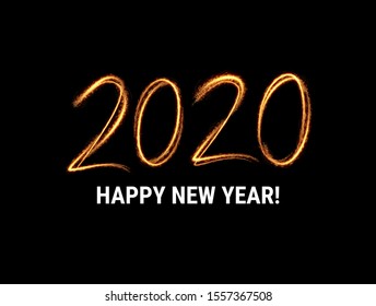 Gold 2020 Happy New Year winter holidays party invitation background. Isolated vector illustration. Hand drawn light painting lettering.