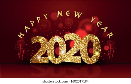 gold 2020 happy new year on the red background.