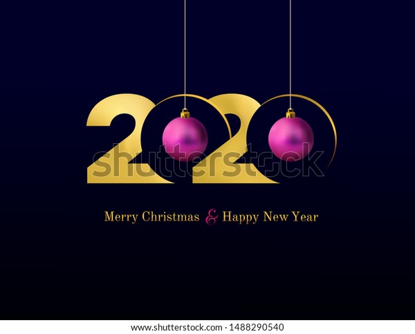 年の金年の新年とメリークリスマスグリーティングカード お祭り気分のクリスマスデコレーションピンクのクリスマスボールがリボンにぶら下がっている ベクターイラスト 黒い背景に のベクター画像素材 ロイヤリティフリー