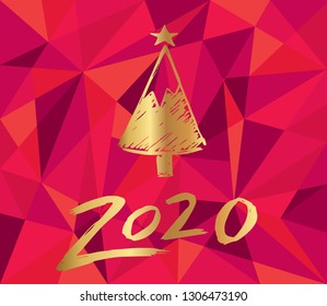 Gold 2020 New Year with Christmas Tree and Red Polygon Background. Vector Illustration for Graphic Design, Card, and Poster.