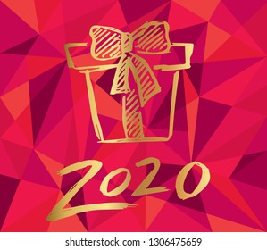 Gold 2020 New Year with Gift Box and Red Polygon Background. Vector Illustration for Graphic Design, Card, and Poster.