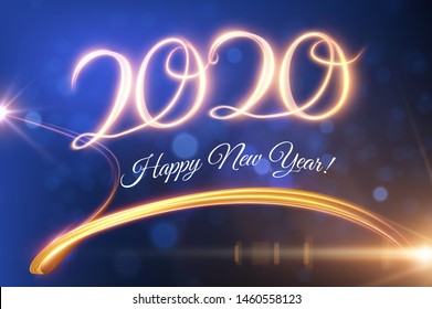 Gold 2020 new year on white background. Isolated vector illustration. Happy new year party invitation. Christmas golden decoration with flying star and shiny glittering tail. Golden color vector illus