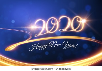 Gold 2020 new year on white background. Isolated vector illustration. Happy new year party invitation. Christmas decoration with flying star and shiny glittering tail. Golden color vector illustration