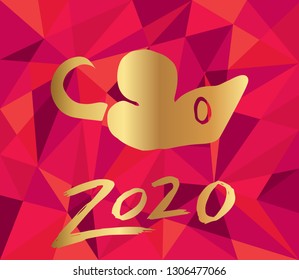 Gold 2020 New Year with Rat Animal and Red Polygon Background. Vector Illustration for Graphic Design, Card, and Poster.